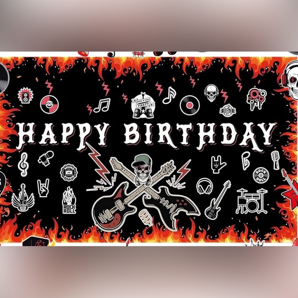 Rock 'n' Roll Birthday Backdrop - Black with Flames